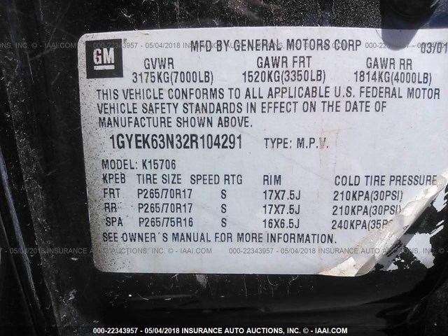 1GYEK63N32R104291 - 2002 CADILLAC ESCALADE LUXURY შავი ფოტო 9