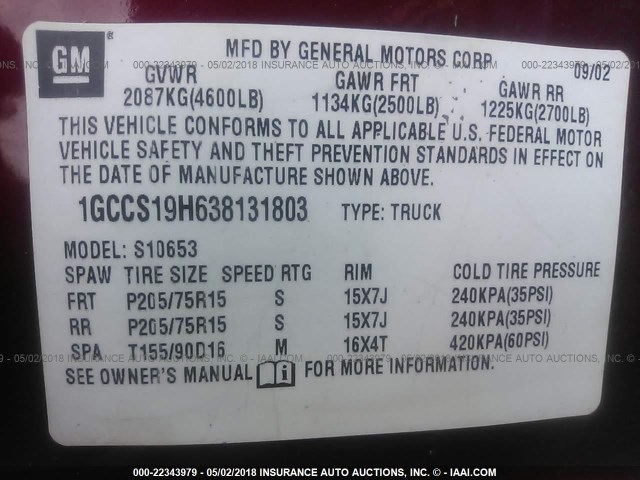 1GCCS19H638131803 - 2003 CHEVROLET S TRUCK S10 RED photo 9