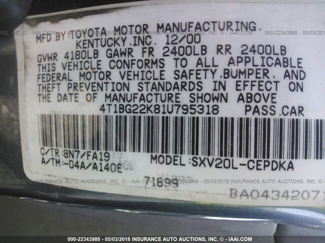 4T1BG22K81U795318 - 2001 TOYOTA CAMRY CE/LE/XLE BLUE photo 9