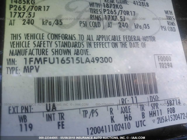 1FMFU16515LA49300 - 2005 FORD EXPEDITION XLT შავი ფოტო 9