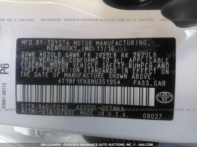 4T1BF1FK6HU351954 - 2017 TOYOTA CAMRY LE/XLE/SE/XSE WHITE photo 9