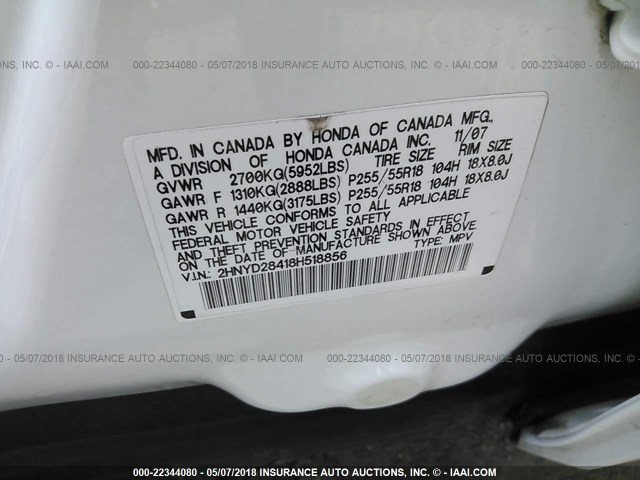 2HNYD28418H518856 - 2008 ACURA MDX TECHNOLOGY WHITE photo 9