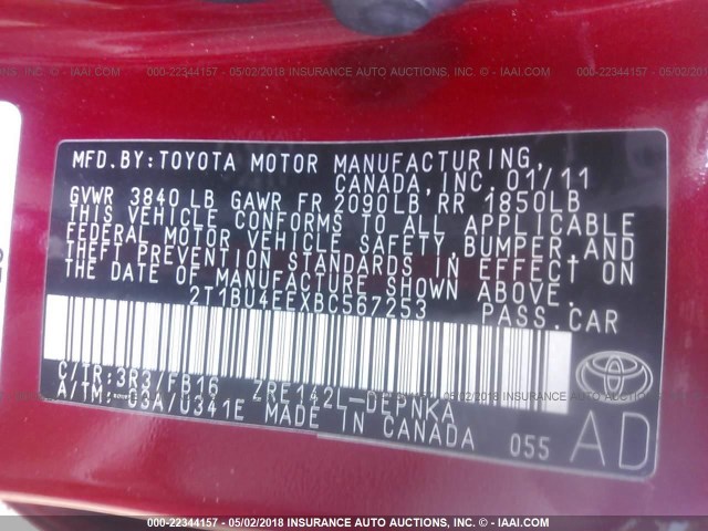 2T1BU4EEXBC567253 - 2011 TOYOTA COROLLA S/LE RED photo 9