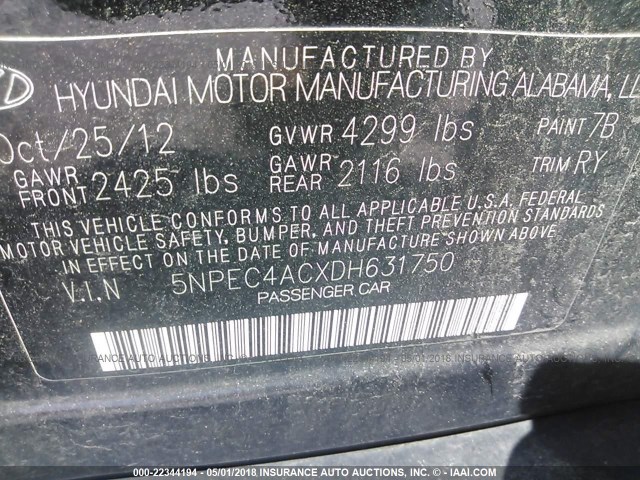 5NPEC4ACXDH631750 - 2013 HYUNDAI SONATA SE/LIMITED BLACK photo 9