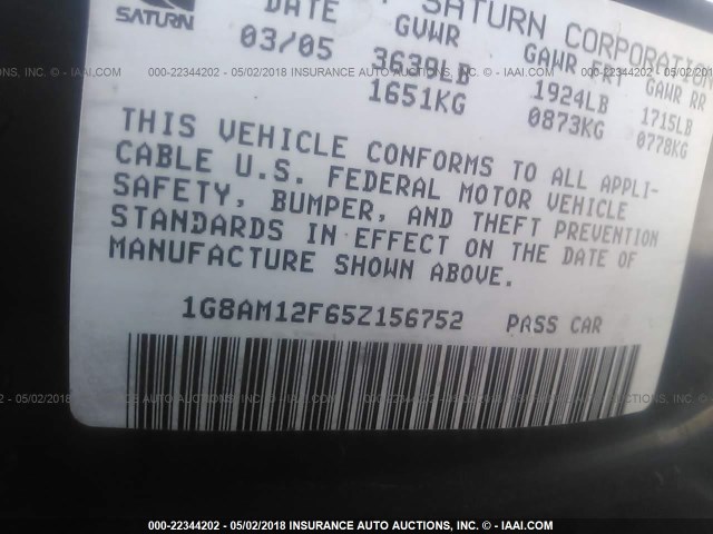 1G8AM12F65Z156752 - 2005 SATURN ION LEVEL 2 Mavi foto 9