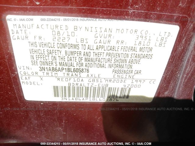 3N1AB6AP1BL605876 - 2011 NISSAN SENTRA 2.0/2.0S/SR/2.0SL RED photo 9