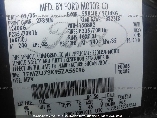 1FMZU73K95ZA56096 - 2005 FORD EXPLORER XLT/XLT SPORT/NBX BLUE photo 9