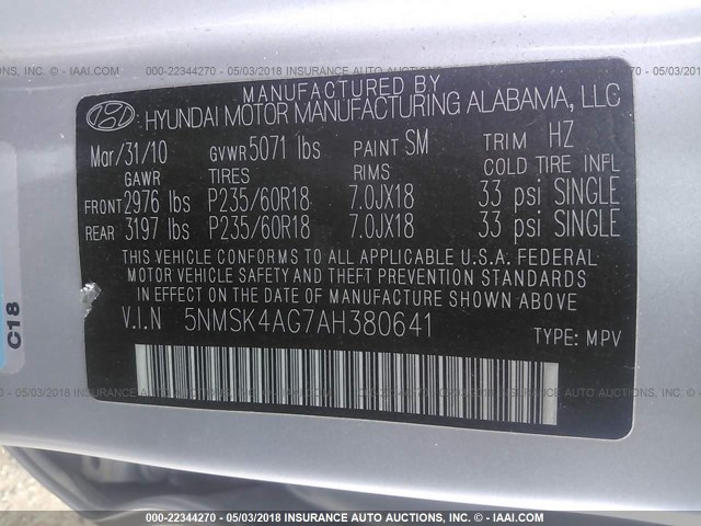 5NMSK4AG7AH380641 - 2010 HYUNDAI SANTA FE LIMITED SILVER photo 9