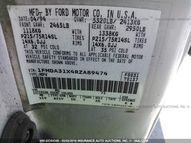 1FMDA31X4RZA89474 - 1994 FORD AEROSTAR GRAY photo 9