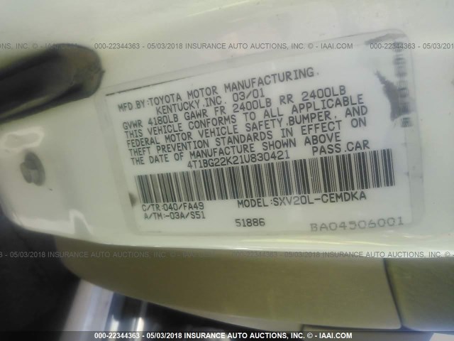 4T1BG22K21U830421 - 2001 TOYOTA CAMRY CE/LE/XLE 白色 照片 9