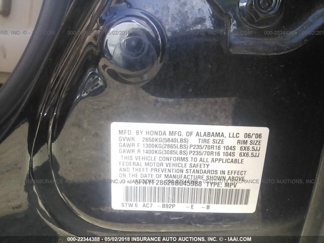 5FNYF28626B045988 - 2006 HONDA PILOT EX BLACK photo 9