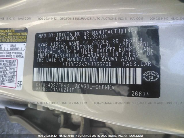 4T1BE32K24U366708 - 2004 TOYOTA CAMRY LE/XLE/SE 金色 照片 9