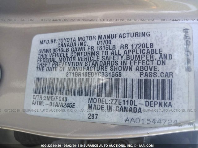 2T1BR18E0YC331568 - 2000 TOYOTA COROLLA VE/CE/LE 棕色 照片 9