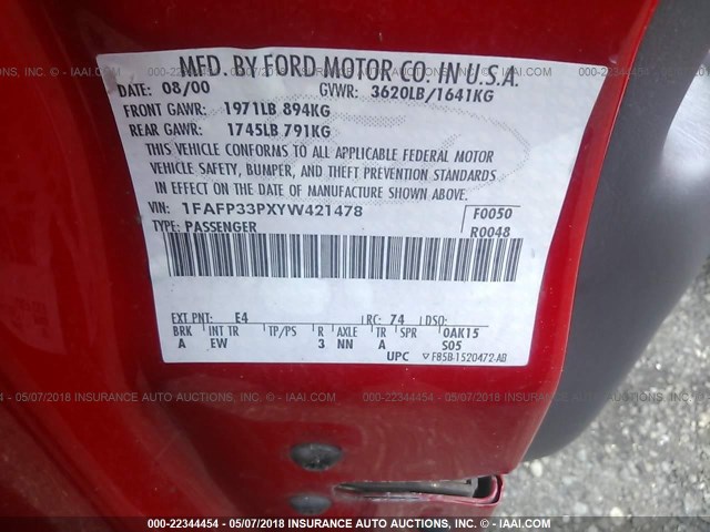 1FAFP33PXYW421478 - 2000 FORD FOCUS LX RED photo 9