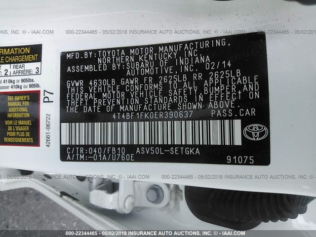 4T4BF1FK0ER390637 - 2014 TOYOTA CAMRY L/SE/LE/XLE 白色 照片 9