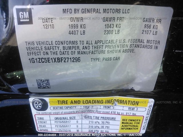 1G1ZC5E1XBF271296 - 2011 CHEVROLET MALIBU 1LT 黑色 照片 9