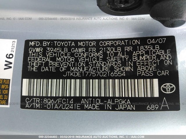 JTKDE177570216554 - 2007 TOYOTA SCION TC 蓝色 照片 9