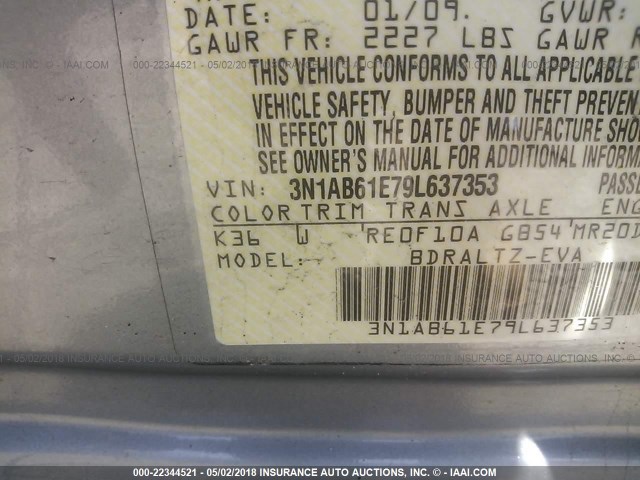 3N1AB61E79L637353 - 2009 NISSAN SENTRA 2.0/2.0S/2.0SL GRAY photo 9