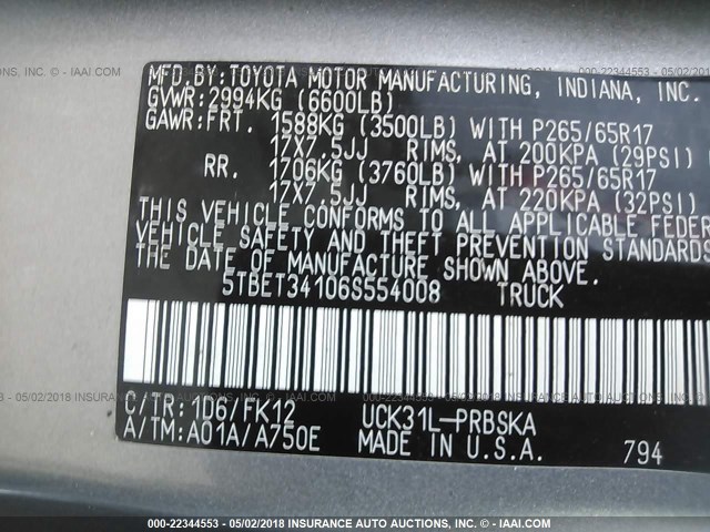 5TBET34106S554008 - 2006 TOYOTA TUNDRA DOUBLE CAB SR5 SILVER photo 9