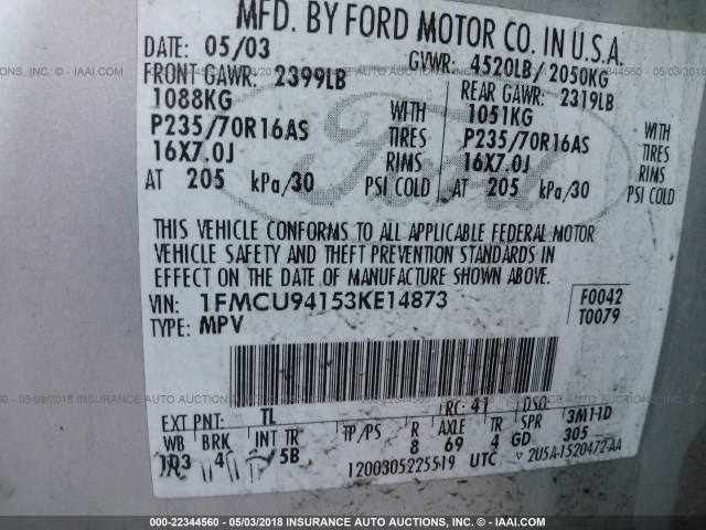 1FMCU94153KE14873 - 2003 FORD ESCAPE LIMITED SILVER photo 9