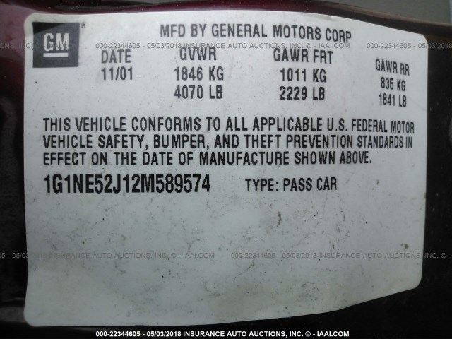 1G1NE52J12M589574 - 2002 CHEVROLET MALIBU LS 栗色 照片 9