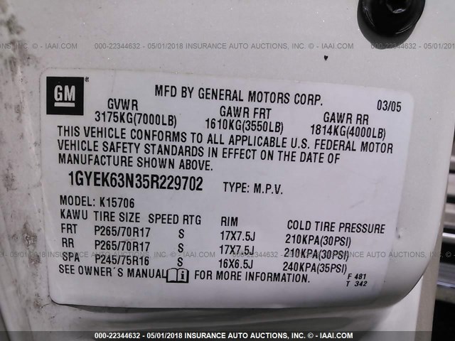 1GYEK63N35R229702 - 2005 CADILLAC ESCALADE LUXURY თეთრი ფოტო 9