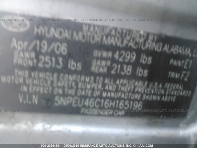 5NPEU46C16H165196 - 2006 HYUNDAI SONATA GLS/LX GRAY photo 9