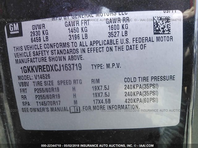 1GKKVREDXCJ163719 - 2012 GMC ACADIA SLT-1 Czarny zdjęcie 9