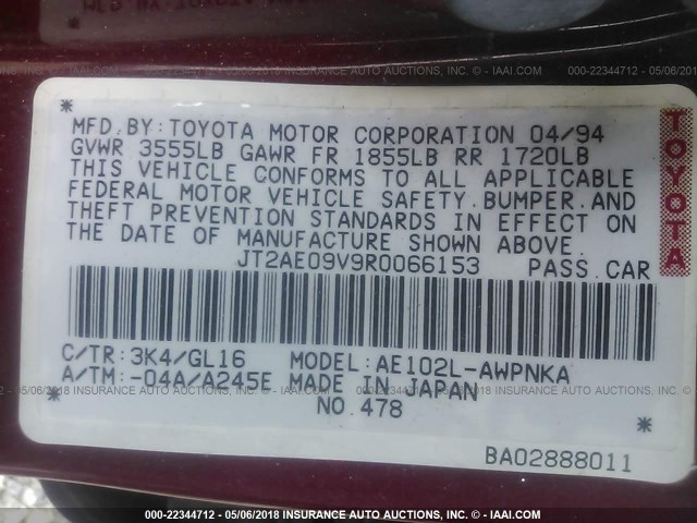 JT2AE09V9R0066153 - 1994 TOYOTA COROLLA DX RED photo 9