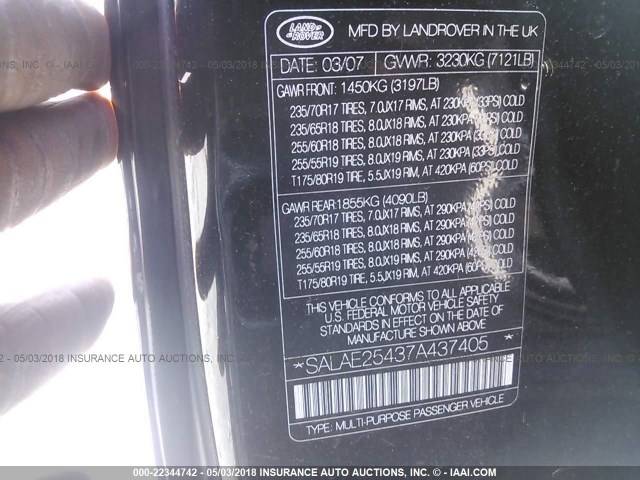 SALAE25437A437405 - 2007 LAND ROVER LR3 SE BLACK photo 9