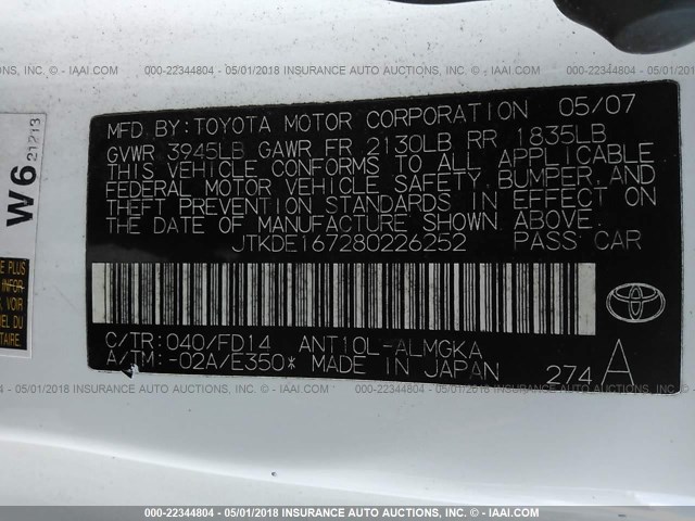 JTKDE167280226252 - 2008 TOYOTA SCION TC 白色 照片 9