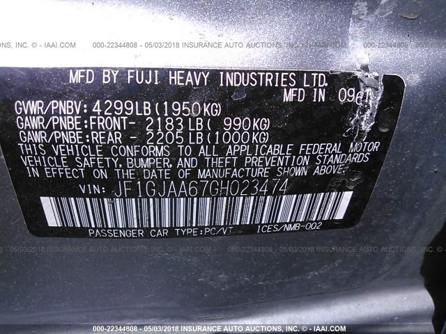 JF1GJAA67GH023474 - 2016 SUBARU IMPREZA ვერცხლისფერი ფოტო 9