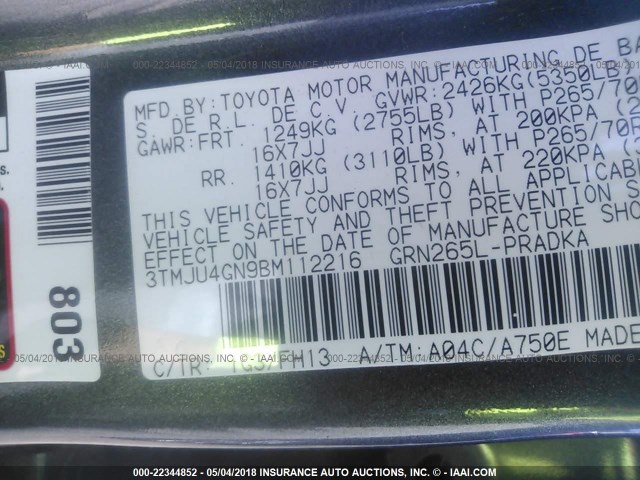 3TMJU4GN9BM112216 - 2011 TOYOTA TACOMA DOUBLE CAB PRERUNNER GRAY photo 9