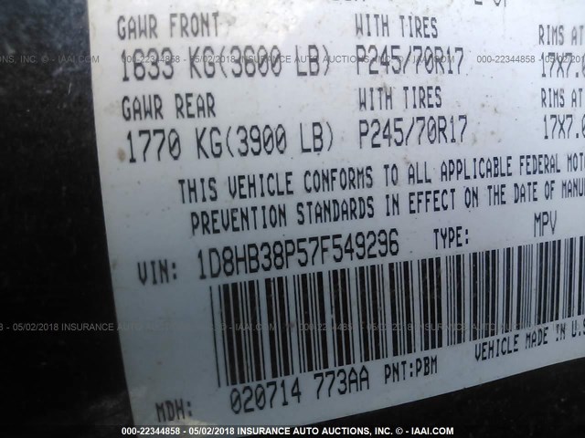 1D8HB38P57F549296 - 2007 DODGE DURANGO SXT BLUE photo 9