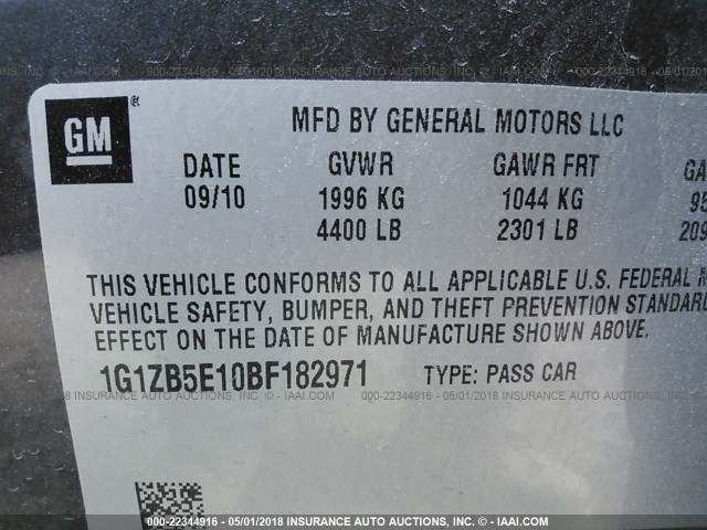 1G1ZB5E10BF182971 - 2011 CHEVROLET MALIBU LS 灰色 照片 9