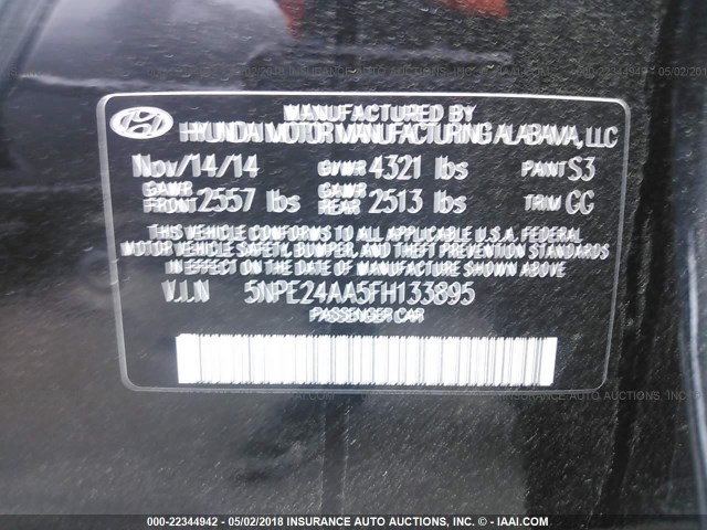 5NPE24AA5FH133895 - 2015 HYUNDAI SONATA ECO BLACK photo 9