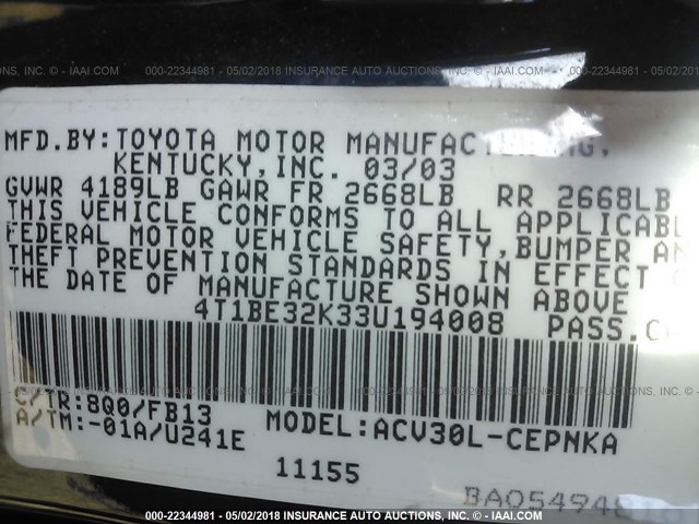 4T1BE32K33U194008 - 2003 TOYOTA CAMRY LE/XLE/SE Mavi foto 9