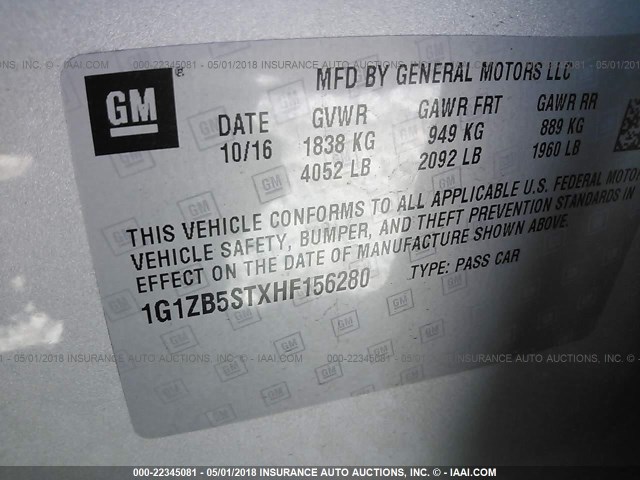 1G1ZB5STXHF156280 - 2017 CHEVROLET MALIBU LS Gümüş foto 9