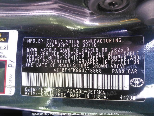 4T1BF1FK8GU218868 - 2016 TOYOTA CAMRY LE/XLE/SE/XSE Schwarz Foto 9