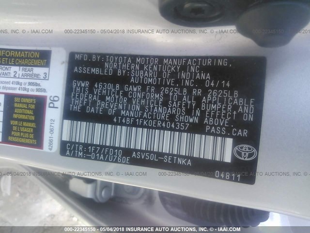 4T4BF1FK0ER404357 - 2014 TOYOTA CAMRY L/SE/LE/XLE Gümüş foto 9