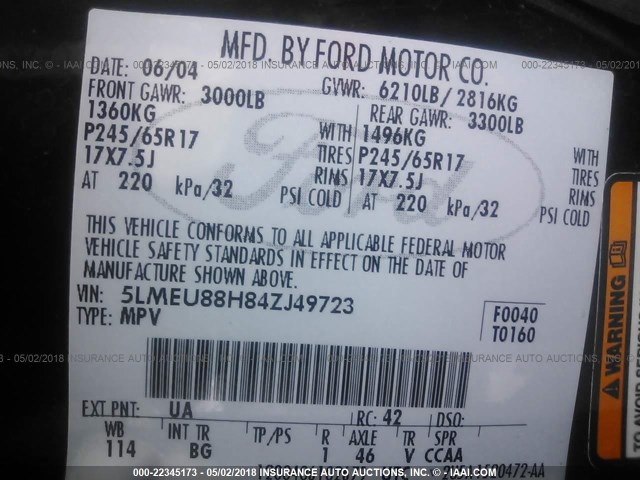 5LMEU88H84ZJ49723 - 2004 LINCOLN AVIATOR 黑色 照片 9