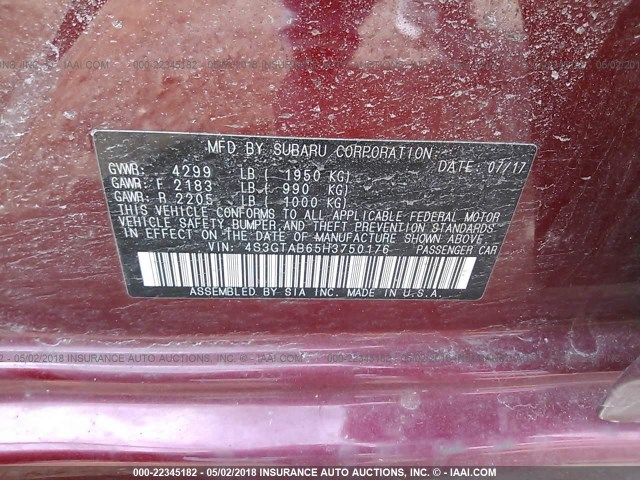 4S3GTAB65H3750176 - 2017 SUBARU IMPREZA PREMIUM RED photo 9