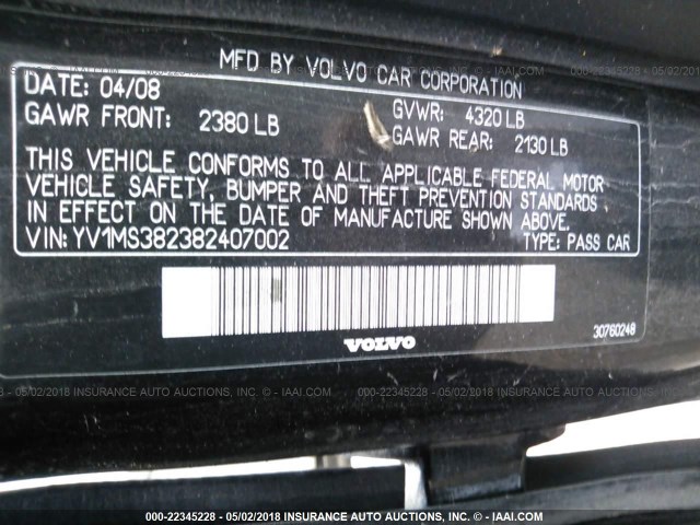 YV1MS382382407002 - 2008 VOLVO S40 2.4I BLACK photo 9