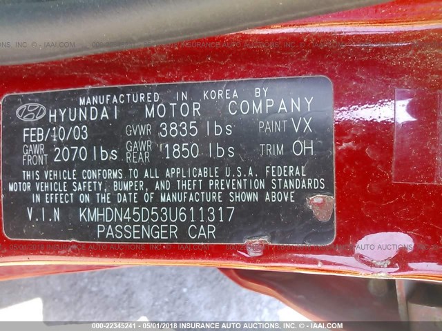 KMHDN45D53U611317 - 2003 HYUNDAI ELANTRA GLS/GT RED photo 9