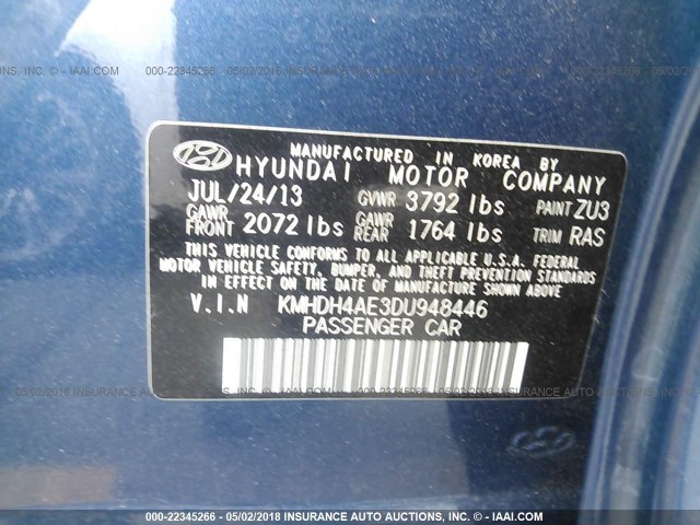 KMHDH4AE3DU948446 - 2013 HYUNDAI ELANTRA GLS/LIMITED BLUE photo 9