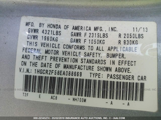 1HGCR2F58EA088669 - 2014 HONDA ACCORD SPORT SILVER photo 9