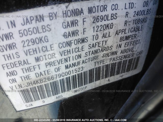 JH4KB26679C001523 - 2009 ACURA RL BLACK photo 9