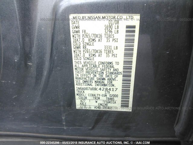 1N6AD07U08C428417 - 2008 NISSAN FRONTIER CREW CAB LE/SE/OFF ROAD GRAY photo 9