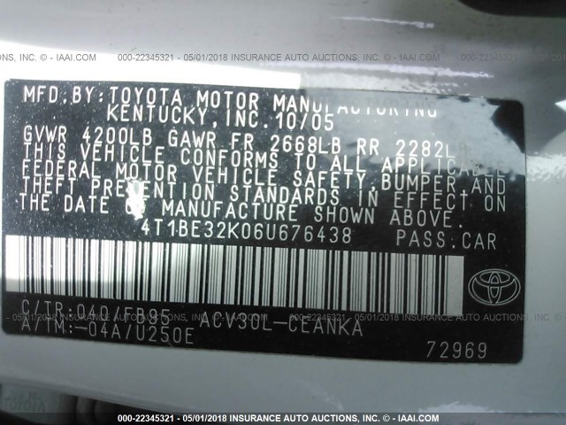4T1BE32K06U676438 - 2006 TOYOTA CAMRY LE/XLE/SE WHITE photo 9