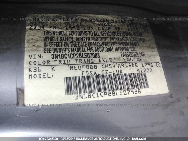 3N1BC1CP2BL507988 - 2011 NISSAN VERSA S/SL GRAY photo 9